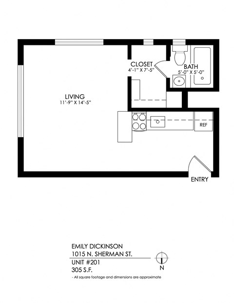 Floor plan for studio, 1 bath, 325 sqft